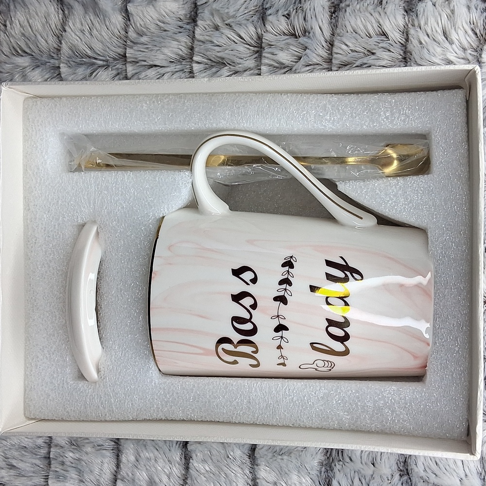 NWT Boss Lady 14oz Mug with Lid and Spoon Cream & Pink With Gold Gift Set